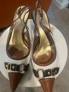 White and Brown Pointed Slingback Heels with Gold Hardware